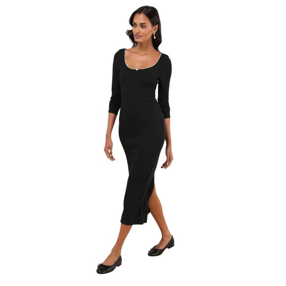 Lulus Ribbed Long Sleeve Black Midi Dress Size Medium NWT - Picture 1 of 7
